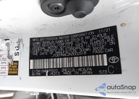 2022 Toyota Corolla Le из США, поврежденный, VIN JTDEPMAE2N3002518